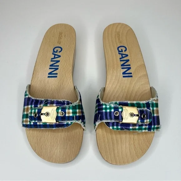 GANNI x Dr. Scholl's Blue Plaid Buckle Wooden Clog Slides Sandals Retro NEW - Picture 5 of 14